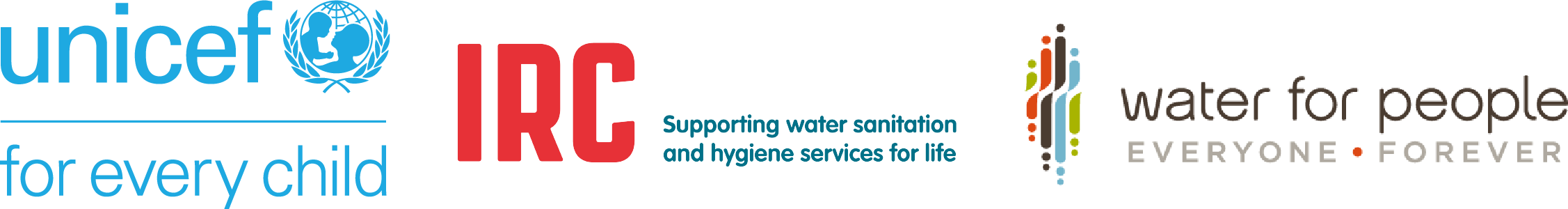 Logos of UNICEF, IRC and Water For People