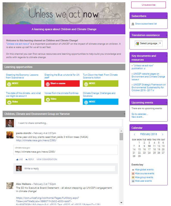 Mock screenshot showing different blocks: channel curators, suggested courses, other learning activities, Yammer discussions, recommended reading, embedded video and announcements. 